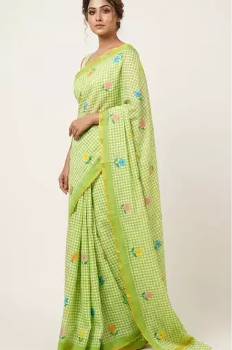 Green linen gold piping digital print saree