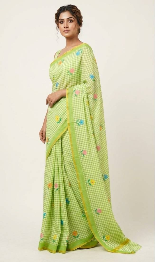 Green linen gold piping digital print saree