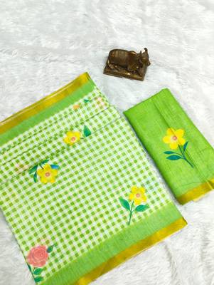 Green linen gold piping digital print saree 2
