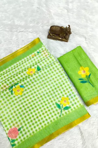 Green linen gold piping digital print saree