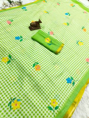 Green linen gold piping digital print saree 3