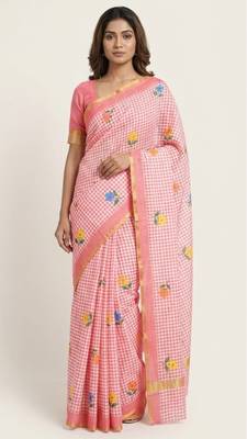 Pink linen gold piping digital print saree 1