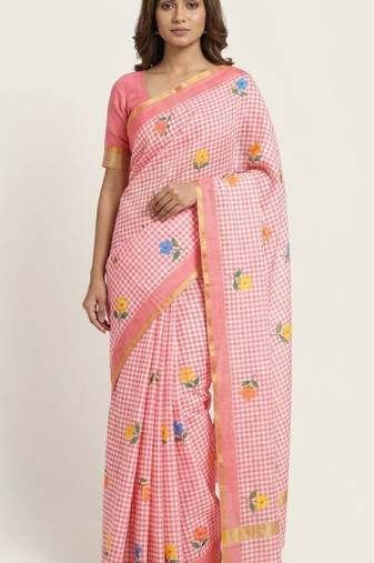 Pink linen gold piping digital print saree