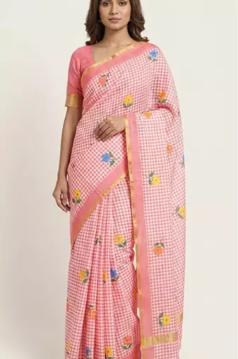 Pink linen gold piping digital print saree