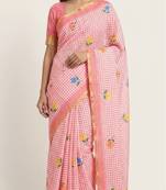 Pink linen gold piping digital print saree