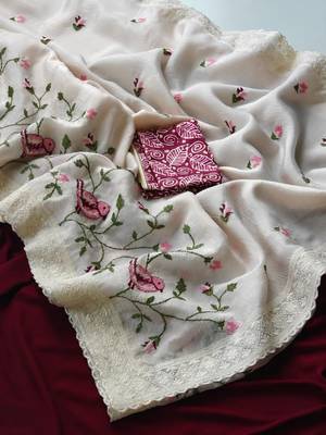 White Color sparrow and flower embroidery Work Chiffon Saree 1
