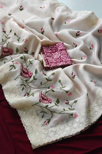 White Color sparrow and flower embroidery Work Chiffon Saree