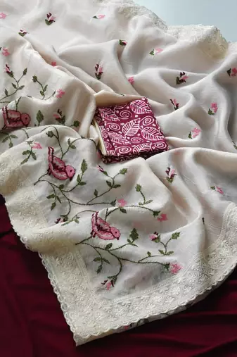 White Color sparrow and flower embroidery Work Chiffon Saree