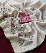 White Color sparrow and flower embroidery Work Chiffon Saree