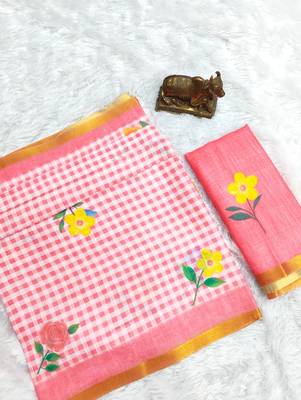 Pink linen gold piping digital print saree 2