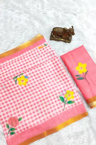 Pink linen gold piping digital print saree
