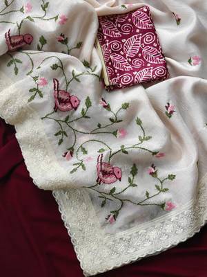 White Color sparrow and flower embroidery Work Chiffon Saree 2