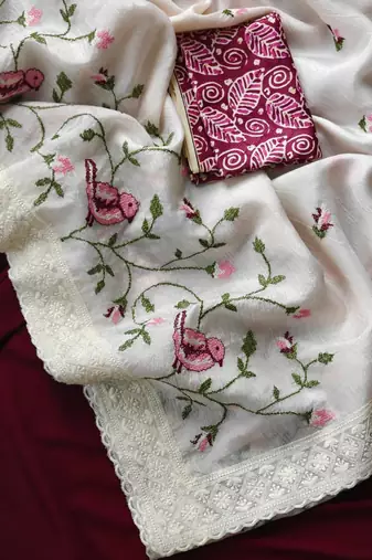 White Color sparrow and flower embroidery Work Chiffon Saree