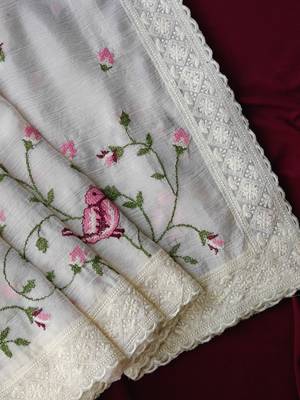 White Color sparrow and flower embroidery Work Chiffon Saree 3
