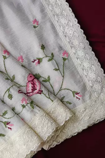 White Color sparrow and flower embroidery Work Chiffon Saree