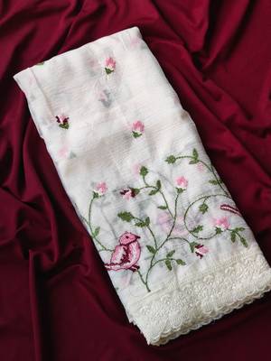 White Color sparrow and flower embroidery Work Chiffon Saree 4