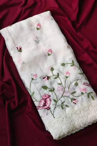 White Color sparrow and flower embroidery Work Chiffon Saree