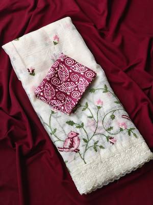 White Color sparrow and flower embroidery Work Chiffon Saree 5