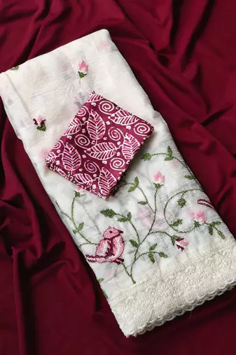 White Color sparrow and flower embroidery Work Chiffon Saree