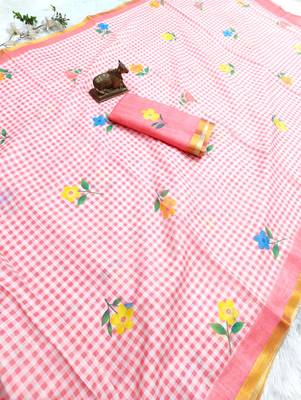 Pink linen gold piping digital print saree 3
