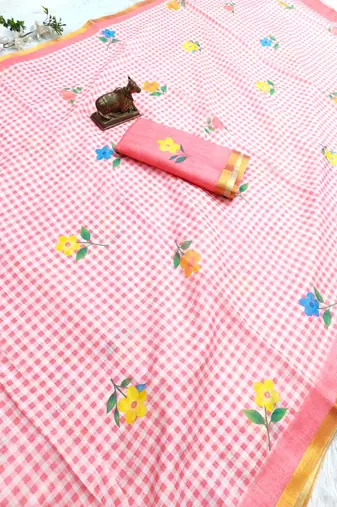 Pink linen gold piping digital print saree