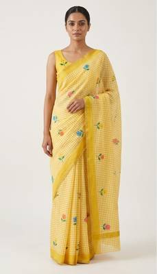 Yellow linen gold piping digital print saree 1