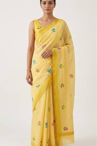 Yellow linen gold piping digital print saree
