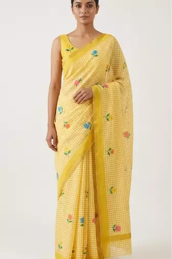 Yellow linen gold piping digital print saree