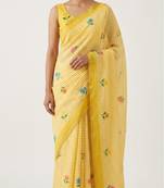 Yellow linen gold piping digital print saree