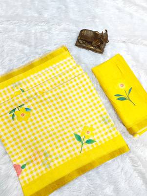 Yellow linen gold piping digital print saree 2