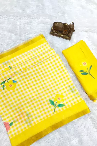 Yellow linen gold piping digital print saree