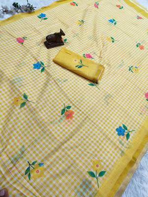 Yellow linen gold piping digital print saree 3