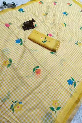 Yellow linen gold piping digital print saree
