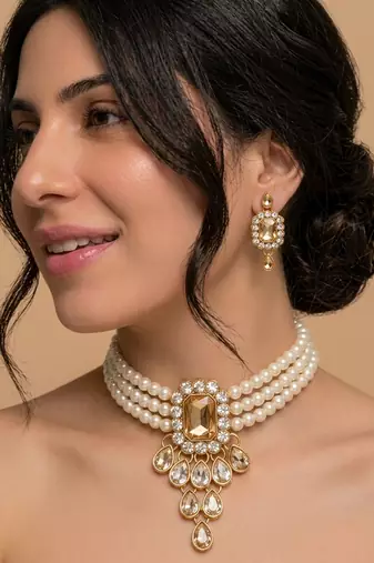 Regal pearl & crystal statement necklace set