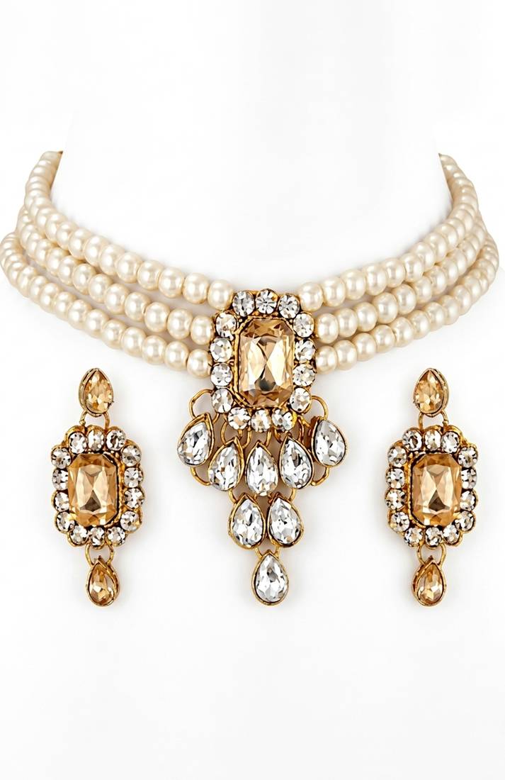 Regal pearl & crystal statement necklace set