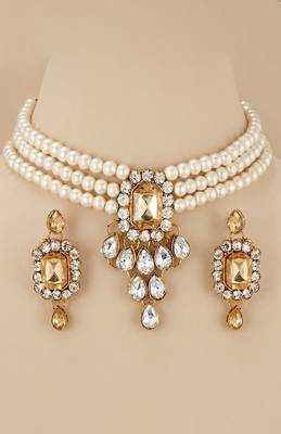 Regal pearl & crystal statement necklace set 3