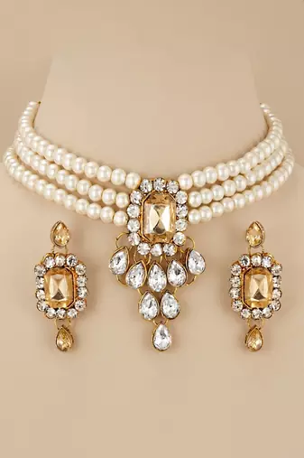 Regal pearl & crystal statement necklace set
