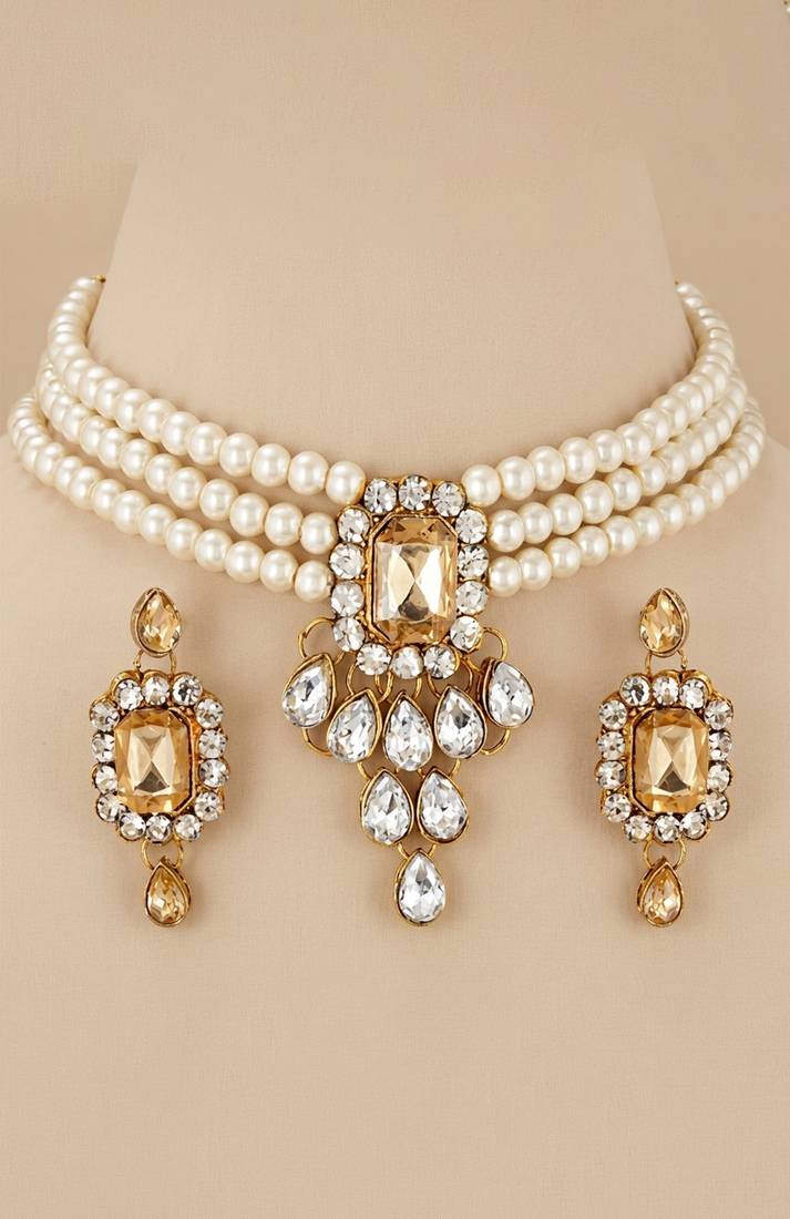 Regal pearl & crystal statement necklace set
