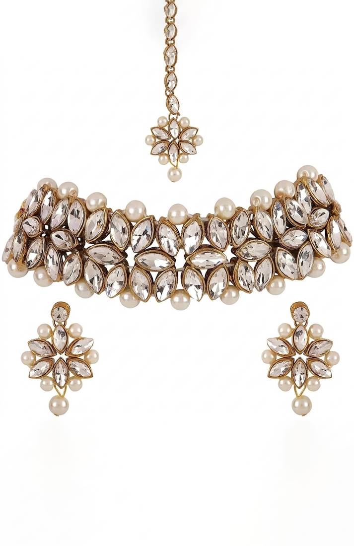 Gold pearl bridal maang tikka set