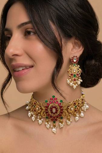 Emerald pearl bridal choker set