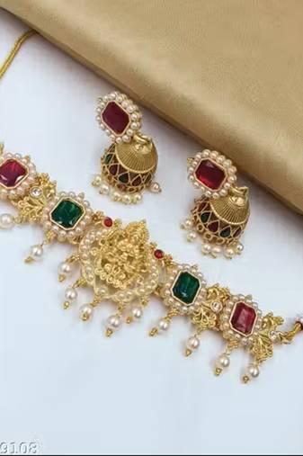 Indian bollywood gold plated kundan choker bridal necklace earrings jewelry set