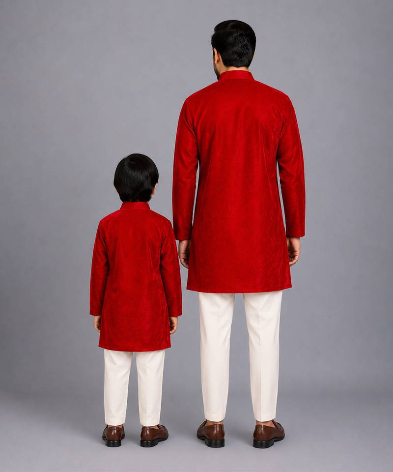 Red printed velvet bandhgala and pant