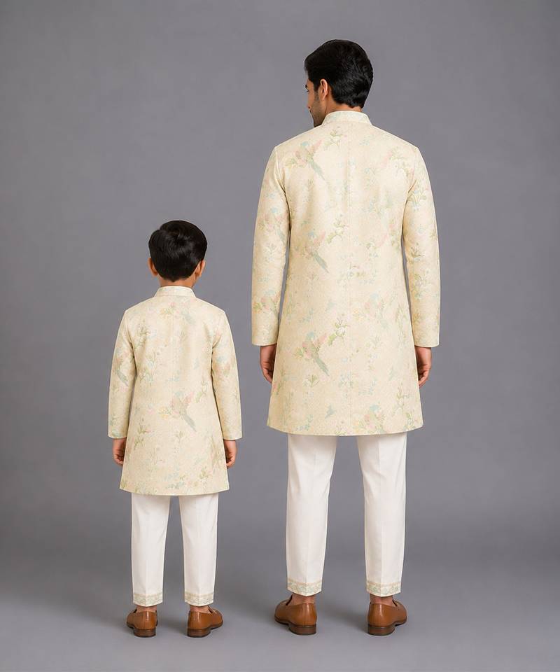 Beige printed cotton silk Men Kurta Set