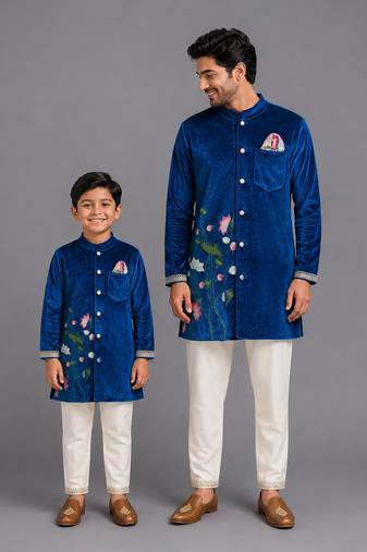 Royal blue embroidered velvet bandhgala and pant