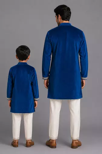 Royal blue embroidered velvet bandhgala and pant