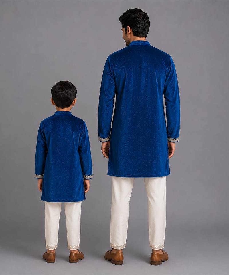 Royal blue embroidered velvet bandhgala and pant