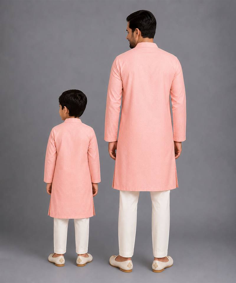 Peach printed cotton silk Men Kurta Set