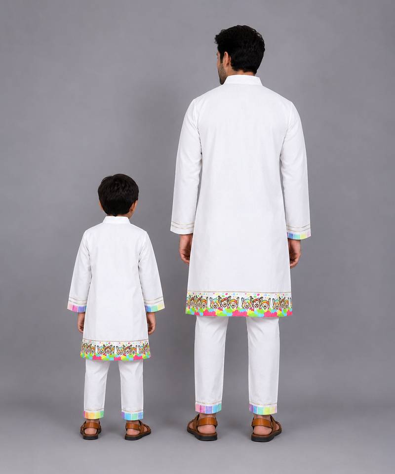 White multicolored printed cotton kurta set