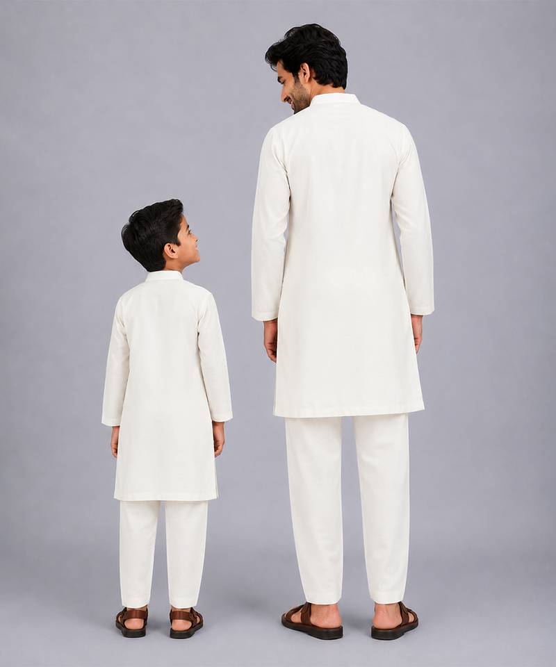 Off white printed cotton silk drape dupatta Men Kurta Set