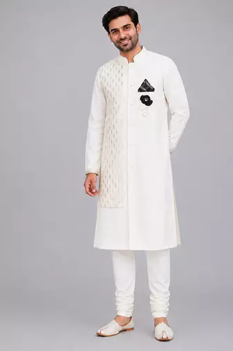 White embroidered cotton silk bandhgala and pant